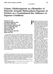 Urinary 1-hydroxypyrene as a biomaker of polycyclic aromatic hydrocarbons exposure of workers on a contamined site : influence of exposure conditions. = (Concentration urinaire du 1-hydroxypyrène comme marqueur biologique de l'exposition des travailleurs aux hydrocarbures polycycliques aromatiques sur un site contaminé : influence des conditions d'exposition).. 4. 42 | DOR F.