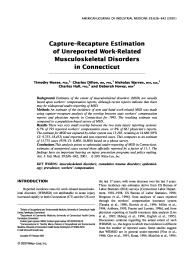 Capture-recapture estimation of unreported work-related musculoskeletal disorders in Connecticut. = (Estimation par capture-recapture des troubles musculosquelettiques non déclarés au Connecticut).. 6. 39 | MORSE T.