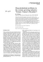 Musculoskeletal problems in the tomato growing industry : "Tomato trainer's shoulder" ? = (Problèmes ostéoarticulaires et ostéomusculaires chez les cultivateurs de tomates : l'épaule des travailleurs chargés du tuteurage).. 6. 46 | PALMER K.T.