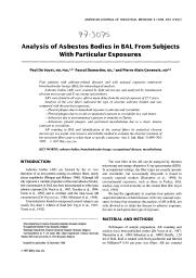 Analysis of asbestos bodies in BAL from subjects with particular exposures. = (Analyse des corps asbestosiques dans le lavage broncho-alvéolaire chez des sujets exposés de façon inhabituelle à l'amiante).. 6. 31 | DE VUYST P.