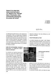 Apport du step-test sous-maximal selon J.P. Meyer et D. Flenghi dans l'évaluation des contraintes physiques du poste de travail. = Extrait de : 24es Journées nationales de médecine du travail du bâtiment et des travaux publics. Nuisances professionnelles dans le BTP : méthodologie d'évaluation et de surveillance, rôle du médecin du travail et de ses partenaires. Thème 2. Paris, 12-13 juin 1997.. 5. 24 | POIRIER A.