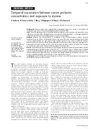 Temporal association between serum prolactin concentration and exposure to styrene. = (Association temporelle entre la concentration en prolactine sérique et l'exposition au styrène).. 4. 61 | LUDERER U.