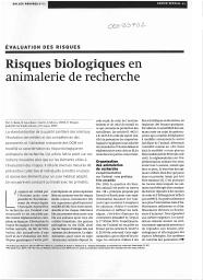 Evaluation des risques. Risques biologiques en animalerie de recherche.. 112 | BEYER C.