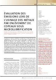 Evaluation des émissions lors de l'usinage des métaux par enlèvement de copeaux sous microlubrification = Determining and evaluating emissions from metal cutting and machining with minimal quantity lubrication | SEFRIN H.