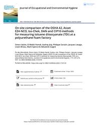 On site comparison of the OSHA 42, Asset EZ4-NCO, Iso-Chek, DAN and CIP10 methods for measuring toluene diisocyanate (TDI) at a polyurethane foam factory. = (Comparaison sur site des méthodes OSHA 42, Asset EZ4-NCO, Iso-Chek, DAN et CIP10 pour la mesure du toluène diisocyanate (TDI) dans une usine de mousse de polyuréthane). | AUBIN S.