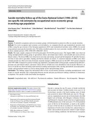 Suicide mortality follow-up of the Swiss National Cohort (1990–2014) : sex-specific risk estimates by occupational socio-economic group in working-age population. = (Suivi de la mortalité par suicide dans la Cohorte Nationale Suisse (1990-2014) : estimation du risque par catégorie socio-professionnelle et sexe dans la population en âge de travailler). | GUSEVA CANU I.