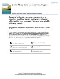 Personal and area exposure assessment at a stainless steel fabrication facility : an evaluation of inhalable, time-resolved PM10, and bioavailable airborne metals. = (Evaluation de l'exposition individuelle et de l'exposition de la zone dans une usine de fabrication d'acier inoxydable : évaluation des métaux inhalables, des PM10 résolus dans le temps et des métaux biodisponibles dans l'air).. 18 | NEWTON A.